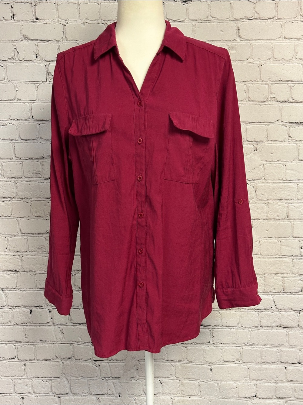 Chico's Button-Front Long Sleeve Shirt - Berry Red